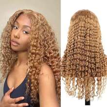 34 Inch 27# Honey Blonde Deep Wave Lace Front Wigs Human Hair 13x6 Deep Curly Wig Human Hair 250% Density Wet And Wavy Lace Front Wigs Human Hair Pre Plucked Deep Wave Wig For Women With Baby Hair - S27 - 查看 2
