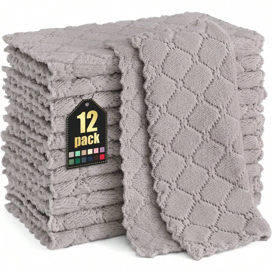 12 Pack Kitchen Dish Cloths (10 X 10 Inches, Cream Yellow), Super Soft And Absorbent Coral Velvet Dish Towels, Nonstick Oil Fast Drying Microfiber Cleaning Cloth, No Lint Household Dishcloths, 2025 - 灰色 - 查看 1