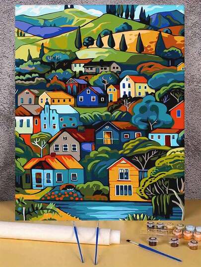 DIY Paint By Numbers For Adults, Canvas Painting Kit 16x20 Inches, Scenic Mountain Village Acrylic Painting Set, Ideal Gift For Birthdays, Father's Day, Christmas, Mother's Day, Frameless Home Wall Art Decor