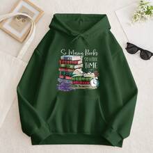 Printed  Hoodie | "So Many Books, So Little Time" Vintage - Dark Green - View 2