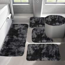 Five-Piece Tie-Dyed Long-Haired Fiber Bathroom Floor Mat Carpet Suit, Soft And Absorbent, Comfortable Feet, Suitable For Bathrooms, Showers, Doorways And Other Areas - 黑色 - 查看 5