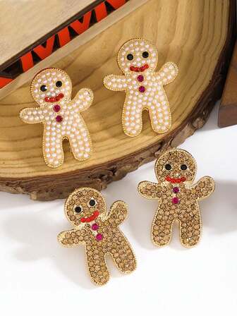 1 Pair Cute Gingerbread Man Cookie Christmas Earrings, Sweet Ear Jewelry