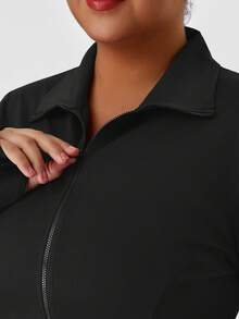 Sodalemon 女式弹力训练加大码运动服全拉链指孔休闲户外健身服跑步运动夹克 - 黑色 - 查看 6