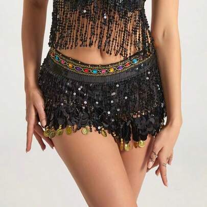 1pc Women's Fringe Mini Dance Skirt, Music Festival Party Club Hip Wrap Skirt With Belt, Shiny Performance Wrap Skirt, Suitable For Dance Performance, Festivals And Parties