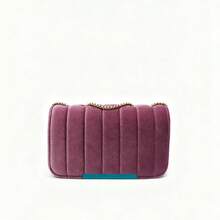 Minimalist Velvet Embroidered Square Crossbody Bag With Chain - Pink - View 7