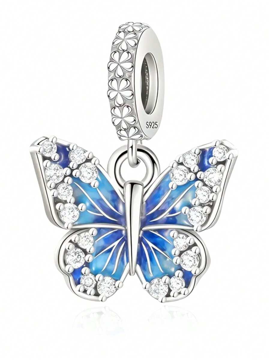 HuooNew 1pc European & American Style 925 Sterling Silver Butterfly Pendant, Inlaid Zirconia, Zirconia Beaded Decor, Unisex DIY Gift - Silver - View 1