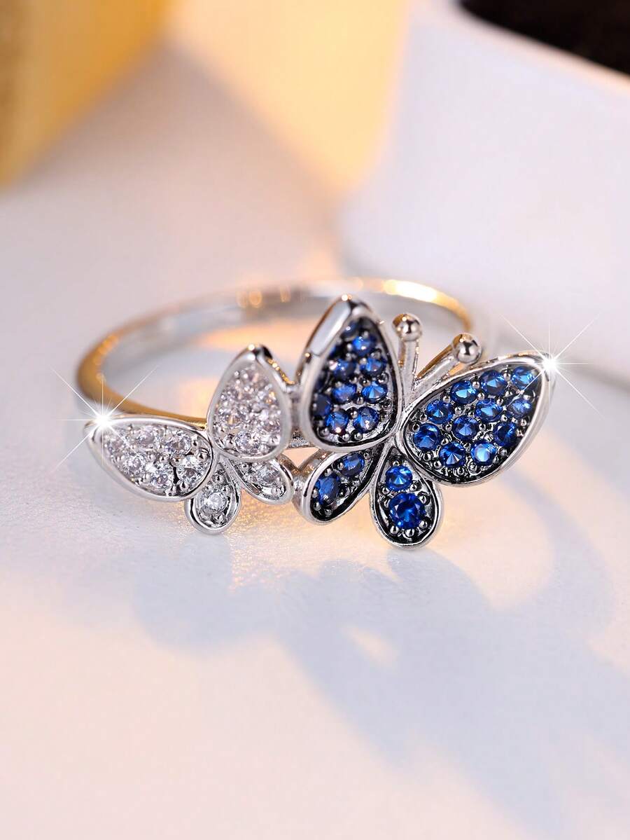 1 Stück eleganter blau-weißer synthetischer Schmetterling-förmiger Ring mit weißem Zirkonia, vergoldet, für Frauen, geeignet für Valentinstag, Partys, Alltagstragen, alle Jahreszeiten - blau und weiß - Übersicht 1