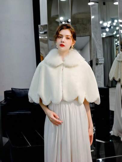 1pc Plus Size White Faux Fur Shawl, Autumn/Winter Fluffy Shawl With Bow Tie And Wavy Hem, Suitable For Wedding, Party, Evening Gown, Performance, Elegant Vintage Romantic Luxury Plus Size Shawl Cape, Warm Shawl For Strapless Dress