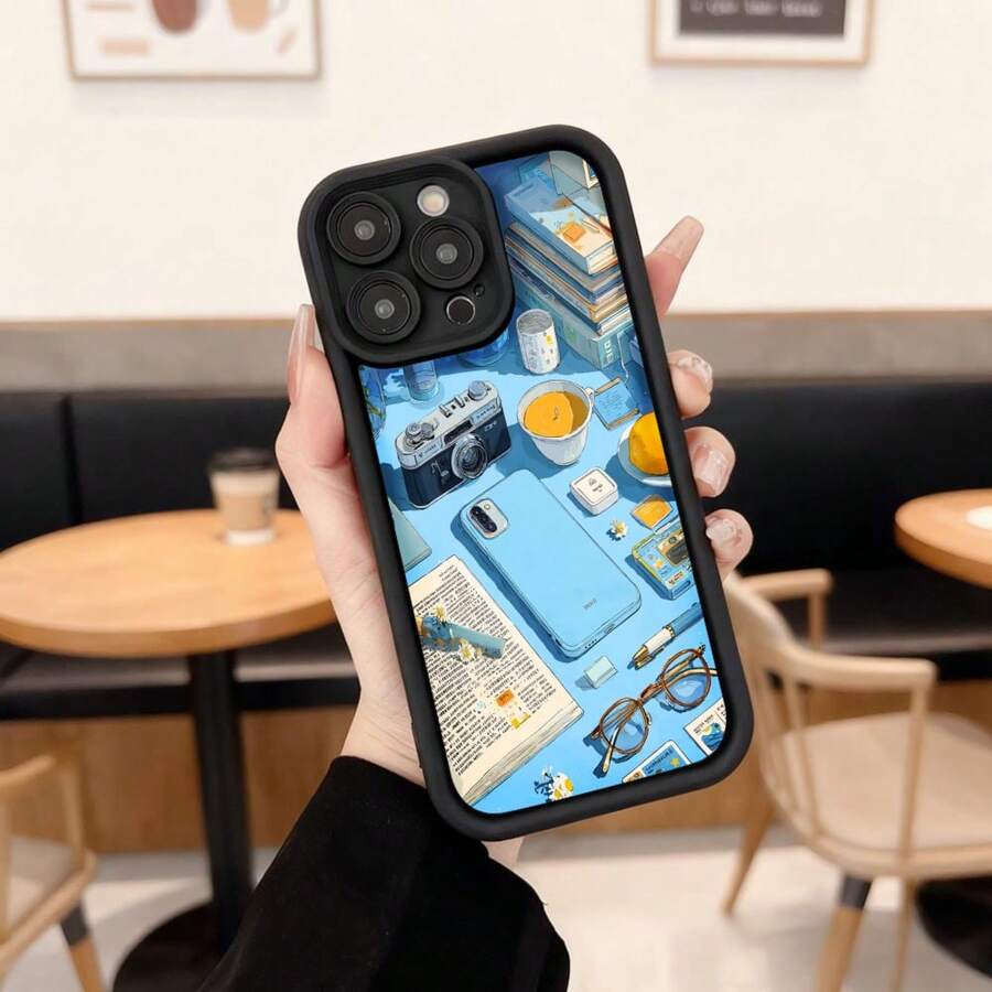 Cubierta de teléfono con borde negro azul con estampado de libros cámara gafas y accesorios para estudiantes y amantes de la lectura Aplicable a los teléfonos de la serie Apple y Galaxy - Blanco - Ver 1