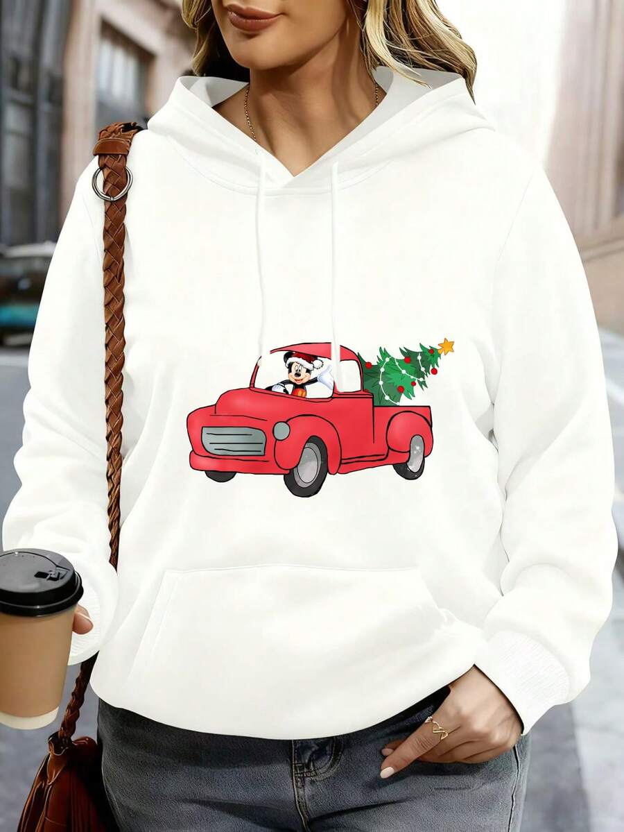 Disney Women Hoodie White Mickey Mouse Red Truck Christmas Tree Print Casual Winter Holiday Outfit - White - View 1