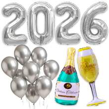 THINGS ALREADY Kit Ano Novo 2026 Balão Taça Garrafa Decoração Ano Novo C/ Balão Cromado Dourado Prata