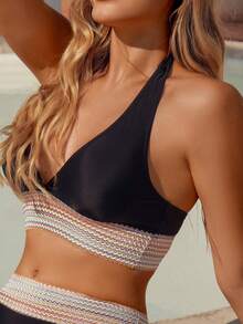 Lässiger Damen Neckholder Bikini Set, farbenfrohe Träger Gestaltung, hochelastische Badeshorts, größere Abdeckung für Urlaub am Strand, Schwarz Sommer - Schwarz - Übersicht 5