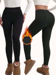 女士保暖加厚高腰紧身裤，冬季运动保暖加厚紧身裤柔软瑜伽裤，女装 - 黑色 - 查看 6