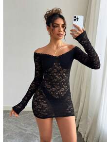 Vestido mini de encaje negro para mujer, estilo sexy de discoteca, vestido de manga larga transparente y sexy, atuendo de fiesta para mujer estilo Y2K