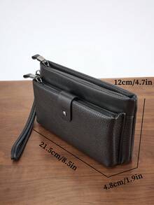 HOVI'S 21.5cm PU Leather Men's Clutch Bag, Large Capacity Handbag With Zipper Compartment, Wrist Strap And Multiple Pockets, Suitable For Phone, Wallet And Essentials, Black Wallet, Great Christmas Gift For Men - Black - View 9
