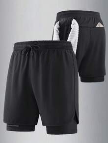 男士抽绳腰休闲运动短裤，时尚二合一设计，适合春夏季徒步旅行、骑自行车、篮球、跑步和室内冬季运动