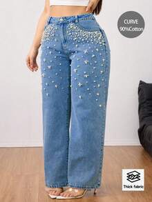 Quần jeans ống đứng dáng casual cho nữ cỡ lớn, chất liệu giả ngọc trai, thích hợp cho mùa xuân. - Rửa trung bình - Xem 3