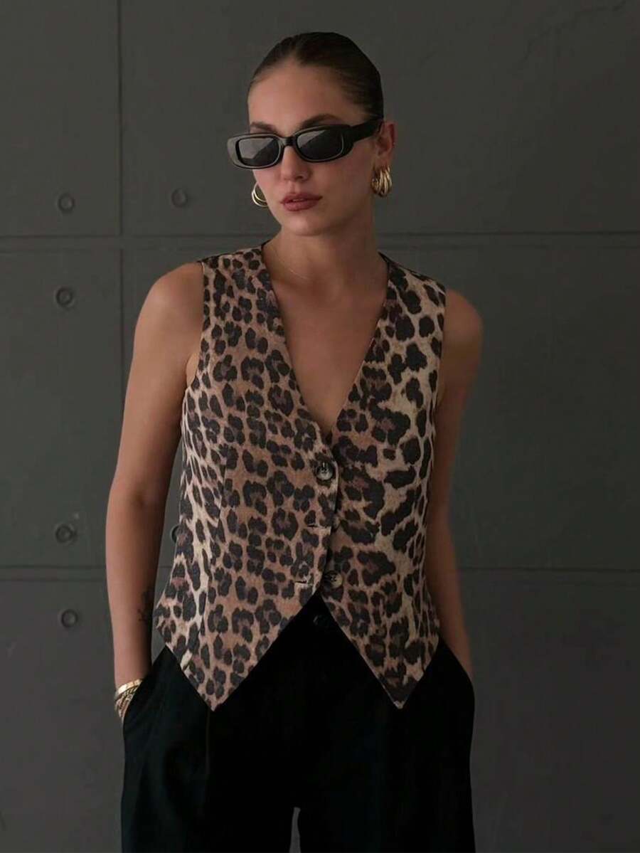 Women Tank Top Chic Fashion Leopard Spring Summer V-Neck Single-Breasted Vests Top Ladies Casual Sleeveless Going Out Top New Waistcoat - Leopard Print - View 1