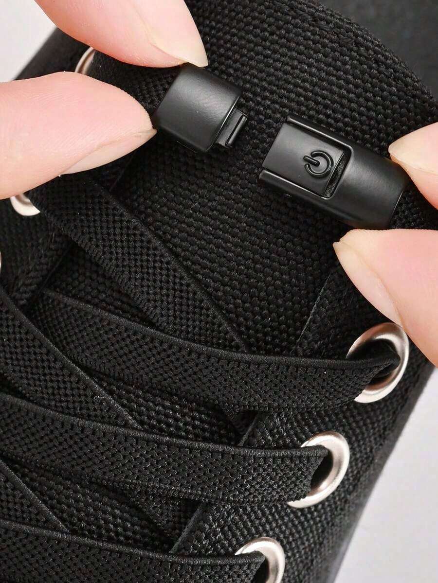 Lazy Shoelaces For Children, No-Tie Fixed Buckle, Unisex, Elastic Black And White Wide Flat Shoelaces - màu đen - Xem 1
