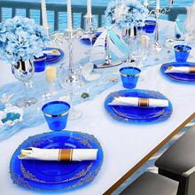 350PCS Gold Plastic Plates 50 Guests, Disposable Dinnerware Sets Include Gold Rim Plastic Plates, 50 Silverwares, 50 Cups, And 50 Pre Rolled Napkins Party, Wedding, Graduation - Clear Blue + 50 Guests Set - View 7