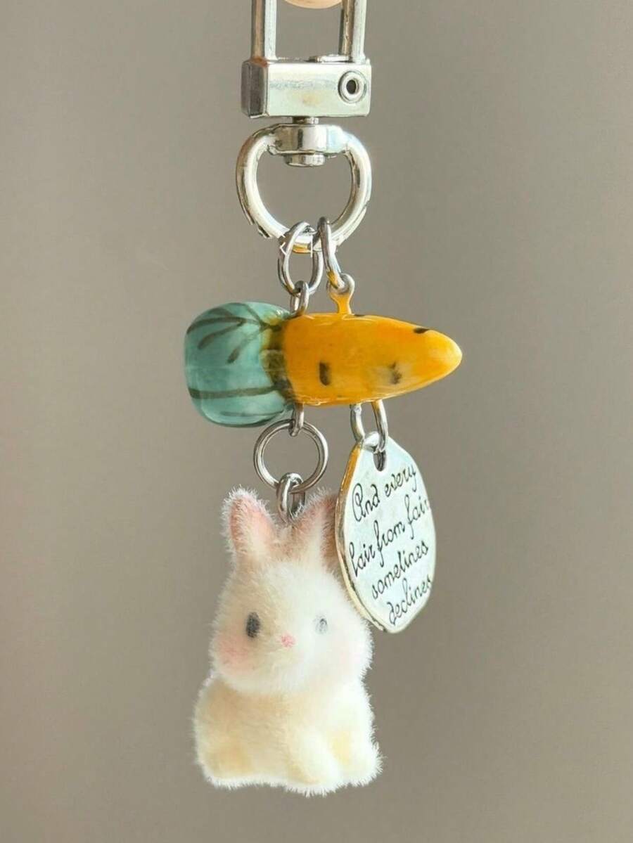 1个女士植绒卡通兔子胡萝卜钥匙扣吊坠，可爱耳机包钥匙链配件 - 彩色 - 查看 1