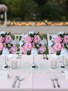 2 Packs Artificial Flower Ball Arrangement Bouquet, 15 Heads Plastic Roses With Base, Suitable For Wedding Centerpiece Flower Rack For Parties Valentine's Day Home Decor - 粉紅白色 - 查看 3