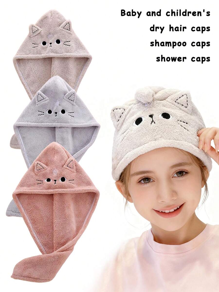1件装婴儿儿童可爱猫咪卡通吸水速干加厚连帽浴巾，带刺绣吹风帽，男女通用 - 彩色 - 查看 1