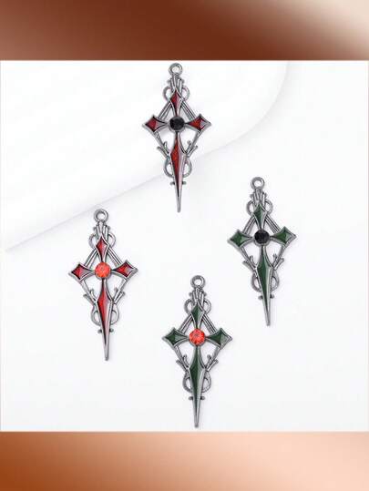 5pcs Dark Series Rhombus Rhinestone Cross Pendant, Alloy Material Charm, DIY Earrings, Necklace Decoration Accessories Suitable For Daily Wear