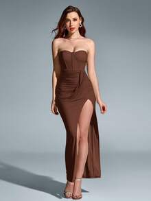 PARTHEA Thigh Split Ruched Mesh Bodycon Dress Wedding - Brown - View 6
