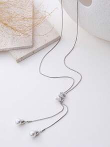 1 件优雅欧式水钻珍珠吊坠蛇骨链项链配饰