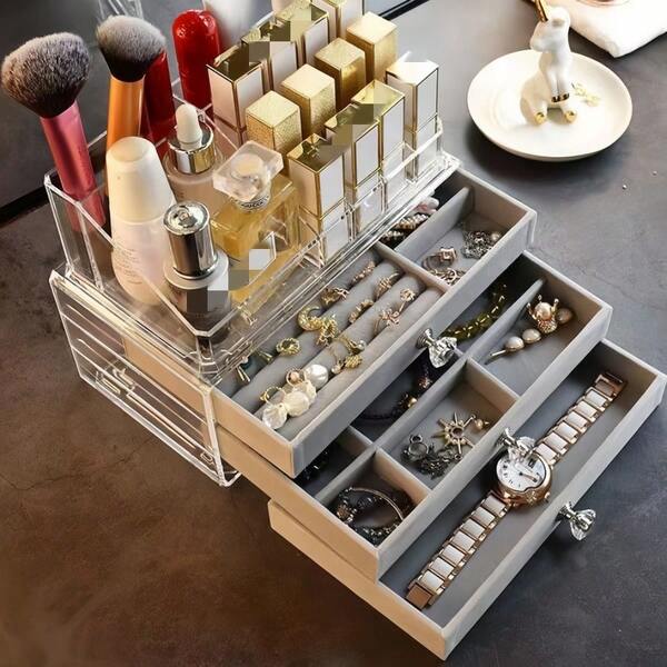 Organizador de joyería de 3 niveles de gran capacidad con cajones, estante de almacenamiento de lápices labiales + caja de almacenamiento de joyería, estuche de exhibición rectangular de sobremesa con cierre a presión, soporte de plástico a prueba de polvo para aretes para decoración del hogar, perfecto para almacenamiento de joyas