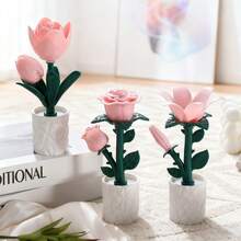 Luz nocturna con forma de tulipán y rosa hecha con bloques de construcción creativos, regalo romántico, lámpara de ambiente, decoración de escritorio, lámpara de mesa DIY - Rosa - Ver 7