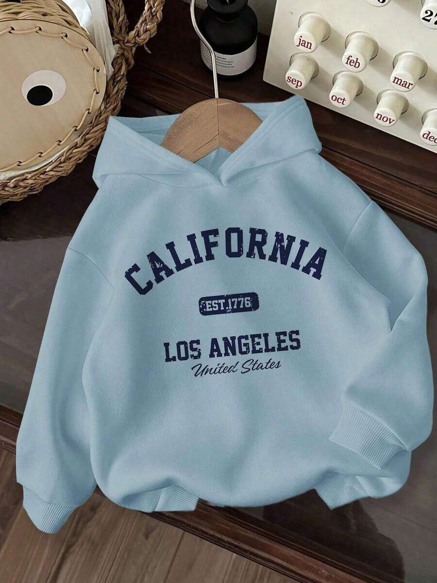 Winter Clothes For WomenTween Girl Casual Hooded Thick Sweatshirt, College Style Numeric & Camouflage Leaf Print, Campus Vibe, Citywalk, Street Atmos - 淺藍色 - 查看 1
