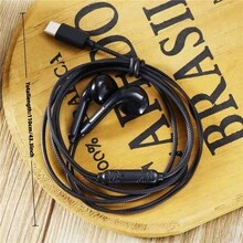 黑色新版仿皮紋Type-C有線半入耳式耳機內建麥克風，高清晰度通話，兼容蘋果、三星、OPPO、VIVO、小米和其他安卓手機 - 黑色 - 查看 6