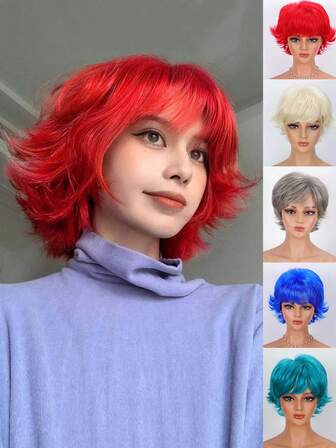Women's Culy Wig 8 Inch Fashion Women Wig High Density Heat Resistant Fiber With Bangs Synthetic Wigs Versatile For Daily Party Costume Party Christmas Or Music Festival Available Red Beige Grey Blue Or Light Green