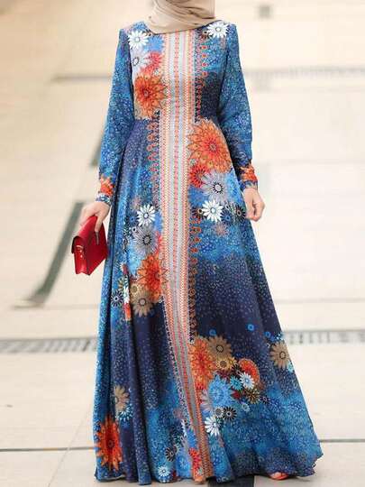 复古印花宽松长款睡袍连衣裙，适合中东女性，开斋节服装