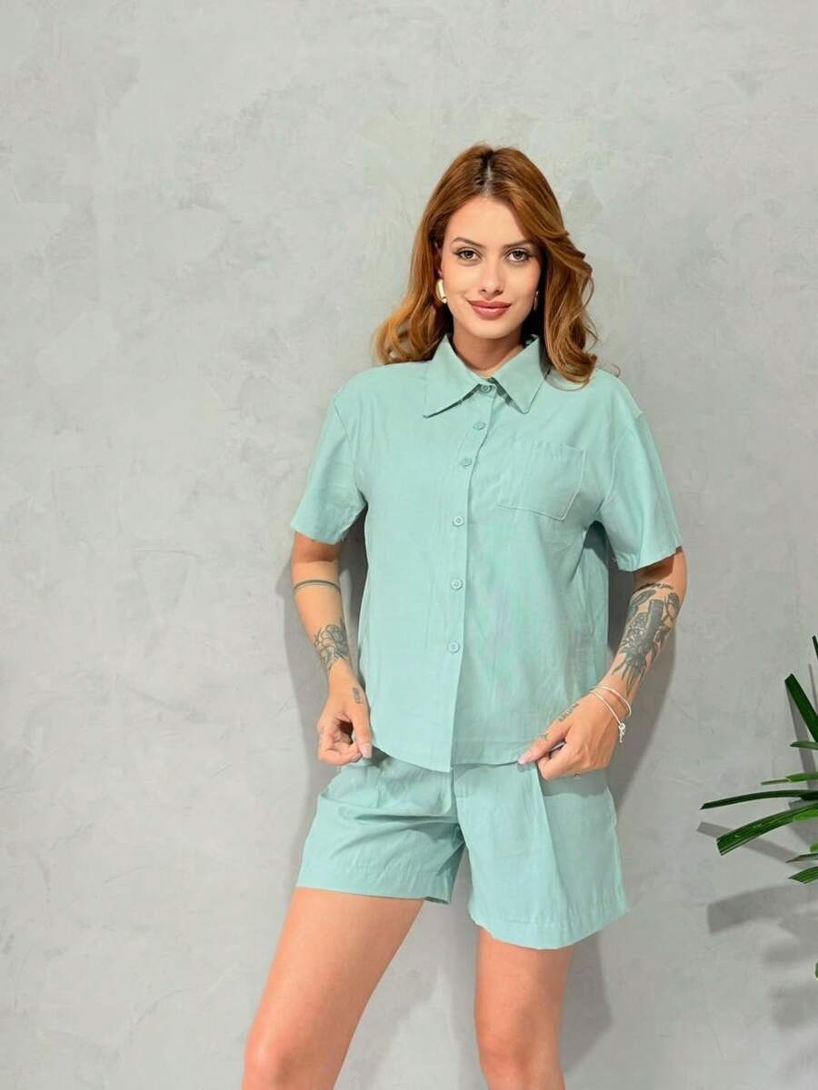 Conjunto feminino de camisa  + shorts  em tecido Marrante
