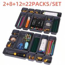 22 pièces Set de plateau organisateur de bureau, boîtes de rangement pour tiroir de bureau, bacs de rangement en plastique, kit organisateur d'outils, de papeterie, de cosmétiques et de divers pour la cuisine, la salle de bain, la chambre et le bureau - Noir - Voir 14