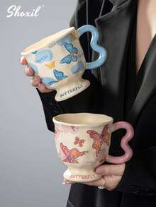 shoxil 1pc 400ml Ceramic Butterfly Shaped High Foot Glass Cup, Elegant Appearance, Cartoon Water Mug, Office & Home Use