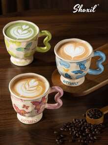 shoxil 1pc 400ml Ceramic Butterfly Shaped High Foot Glass Cup, Elegant Appearance, Cartoon Water Mug, Office & Home Use