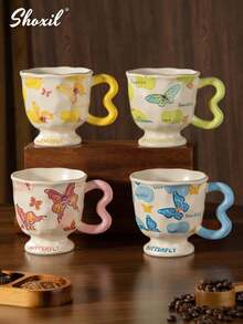 shoxil 1pc 400ml Ceramic Butterfly Shaped High Foot Glass Cup, Elegant Appearance, Cartoon Water Mug, Office & Home Use