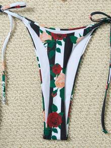 Women's Bohemian Style Spaghetti Strap Striped Print Bikini Set, Side Tie Bottom And Criss-Cross Back Design, Suitable For Summer Wear - Black and White - View 6