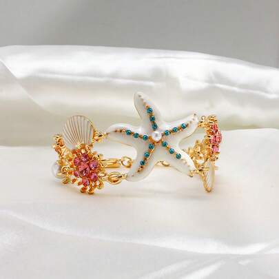 1pc Of Ocean - Style Starfish And Shell Bracelet, A Colorful Zirconia And Pearl Spliced Bangle. It Is A Sea Coral Beaded Bracelet Decorated With Shell Details, Suitable For Beach, Daily Wear And Ocean Vacation Style