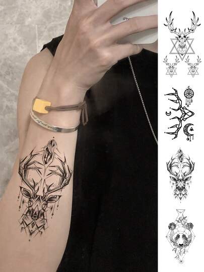 4 Sheets Body Art Temporary Tattoos Suitable For Women Or Men, Featuring Black Geometric Deer And Panda Designs. Waterproof Fake Tattoos,Last 2-5 Days. Can Be Used On Hands, Arms, Neck, Shoulders, Chest, Waist, Legs, And Ankles. Perfect For Holiday Parties, Music Festivals, And Christmas.