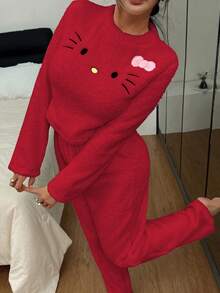 SANRIO 联名款女士舒适双面绒刺绣 Hello Kitty 猫咪短款上衣和休闲家居裤两件套 - 紅色 - 查看 2