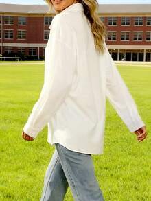 Women's Solid Color Drop Shoulder Long Sleeve Single-Breasted Pocket Outdoor Shirt - White - View 2