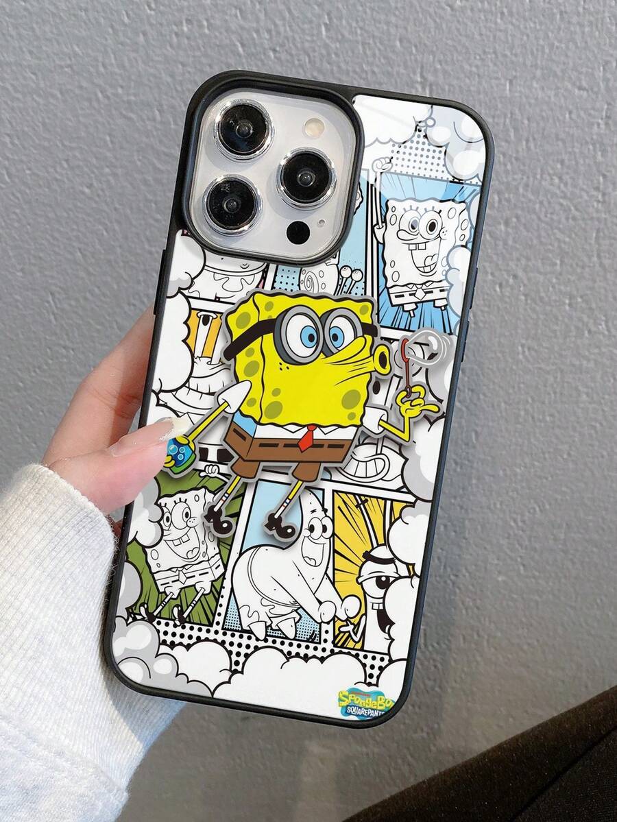 SpongeBob SquarePants 1pc Acrylic Cartoon Cloud SpongeBob Patchwork Pattern Full Coverage Shockproof Phone Case Compatible With IPhone 17/16/15/14/13/12/11 Pro Max And Other Models - Multicolor - View 1