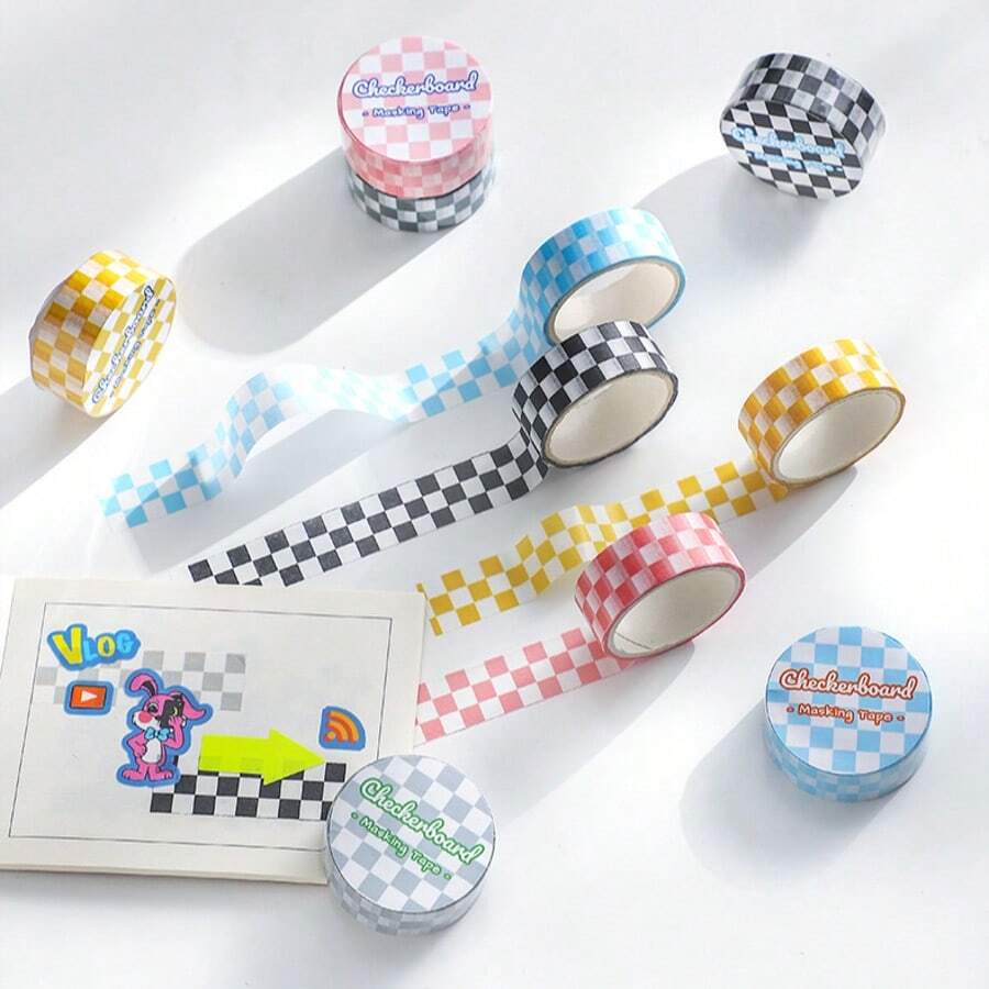 2pcs Checkerboard Pattern Washi Tape, Fresh Checkerboard DIY Paper Stickers, Creative Scrapbooking Supplies - Multicolor - View 1