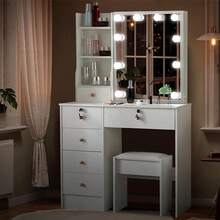 Tocador, tocador con luz y espejo corredero, tocador para dormitorio con taburete tapizado, tocador con cajones y separadores para dormitorio (blanco) - Blanco - Ver 6