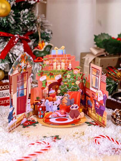 1Pc Christmas Cat Scene Pop-Up Greeting Card, Exquisite Paper Sculpture Design, Suitable For Home And Party Decorations, Birthday Cards, Christmas Cards, Surprise Gifts For Friends, Gifts For Parents, Suitable For Various Holidays, Celebrations And Parties.